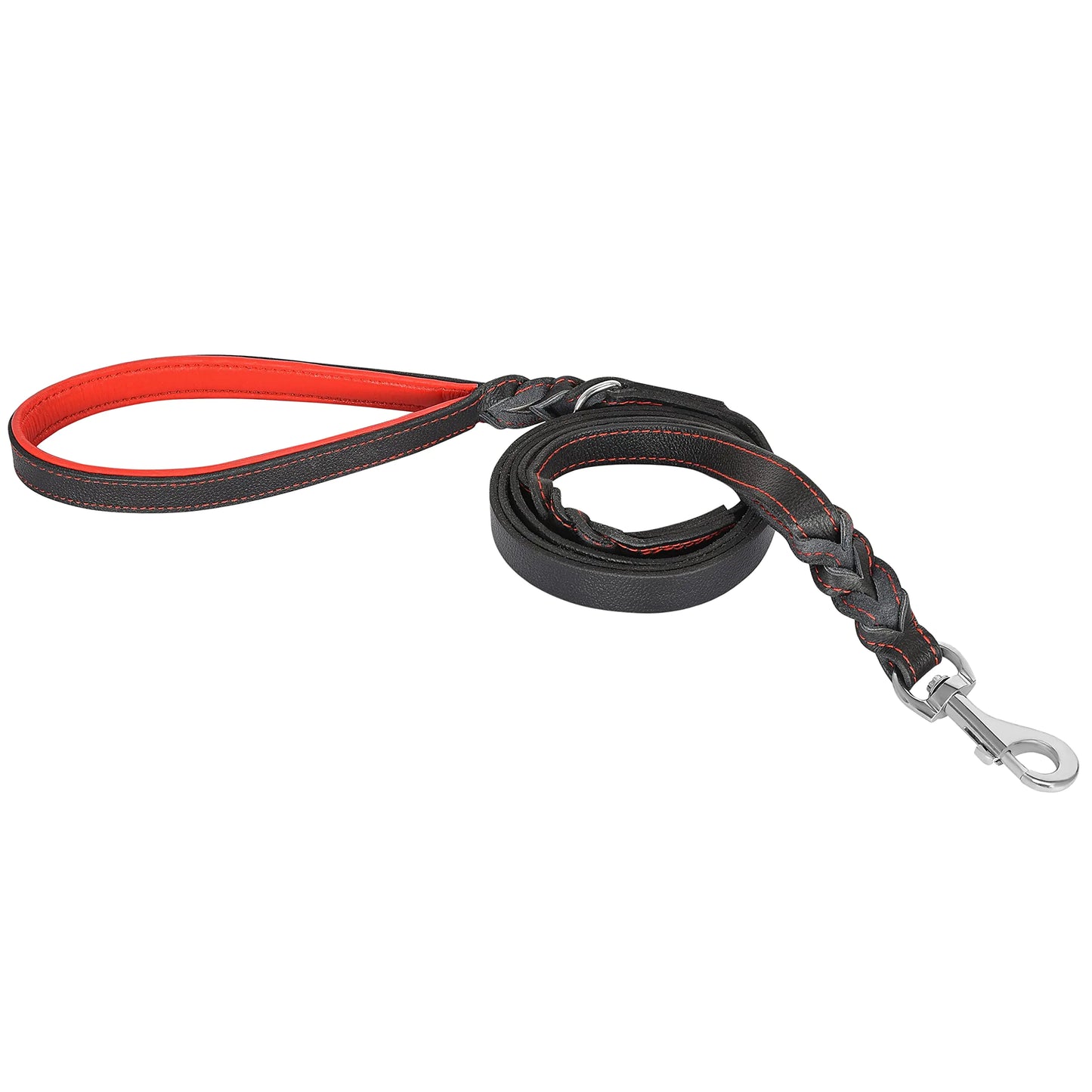 Riparo Leather Dog Leash 6ft with 2 Handles (Black/Red Thread L: 3/4" x6ft)