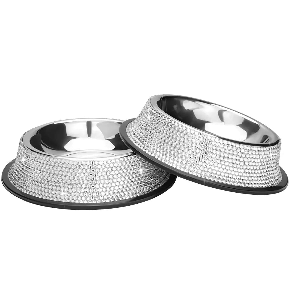 Bling Dog Bowls White 640ML Handmade Bling Rhinestones Stainless Steel Pet Bowls  Set of 2