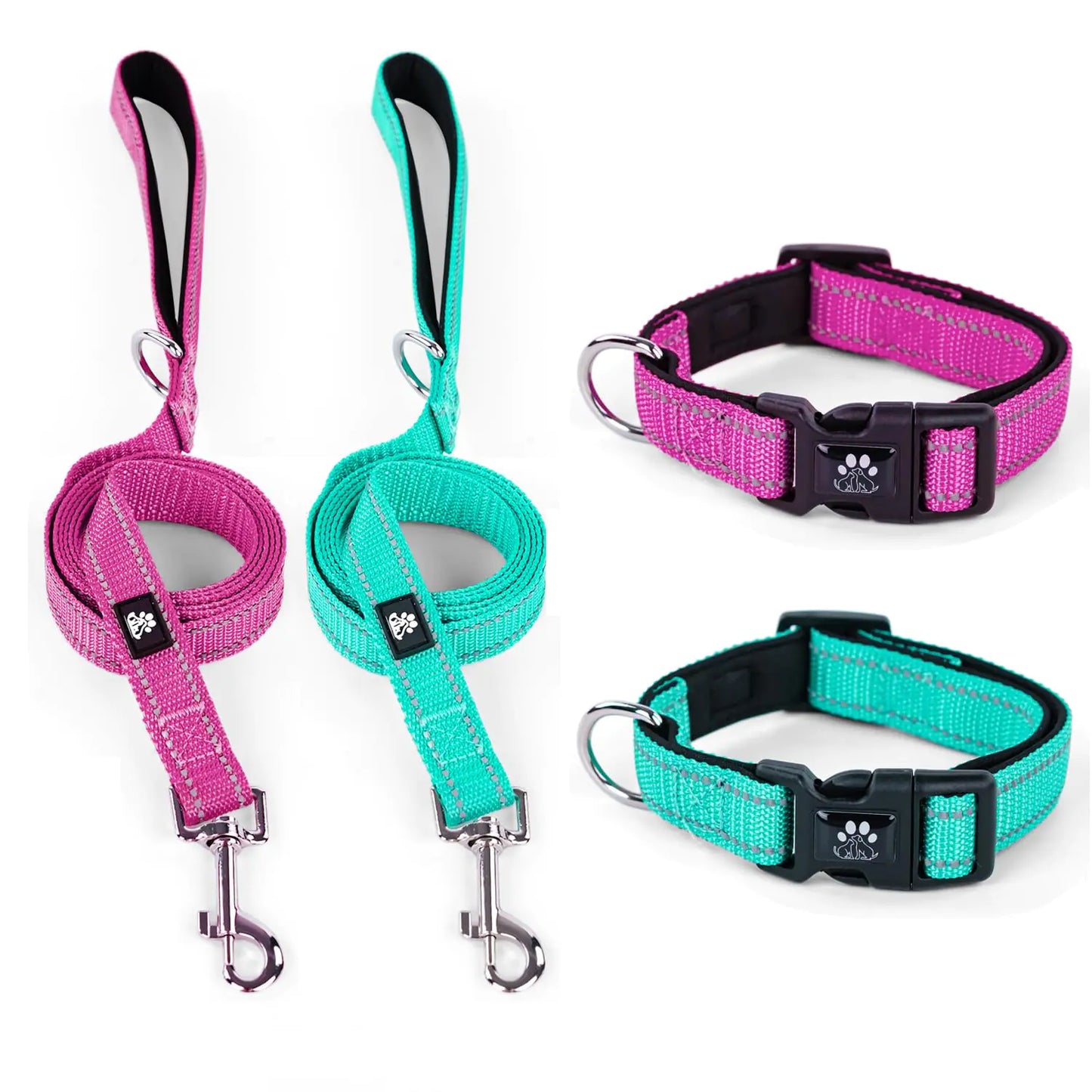 IVY&LANE 2 Pack Reflective Dog Collars and Leashes (Medium Fuchsia+Teal)